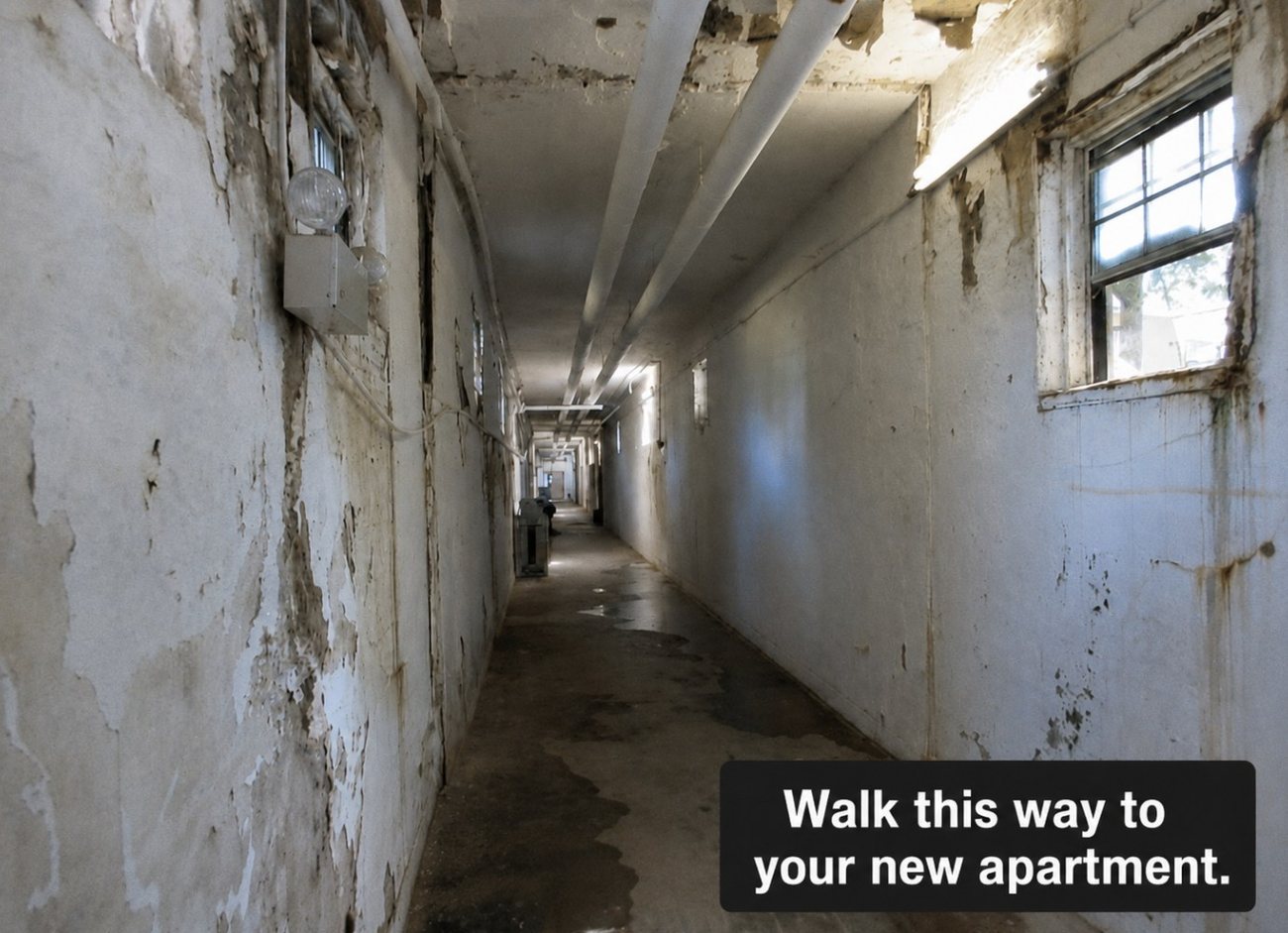 A distressed interior hallway before renovation, captioned walk this way to your new apartment