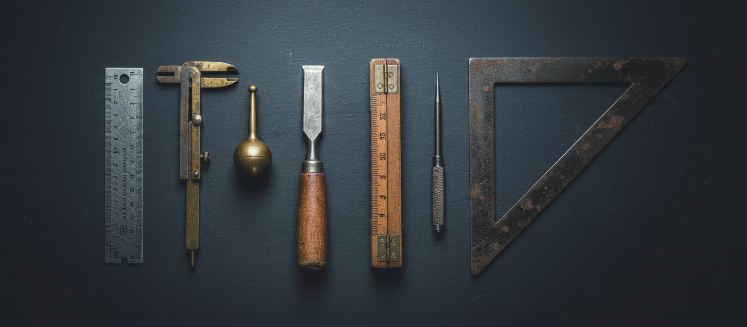 Overhead view of well-used precision hand tools laid out in a row on a dark workbench
